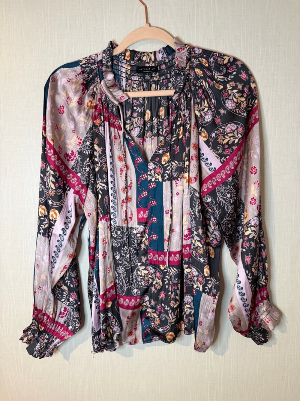 Anthropologie Current Air Boho Floral Patchwork Long-Sleeve Peasant Blouse Large - Picture 2 of 5